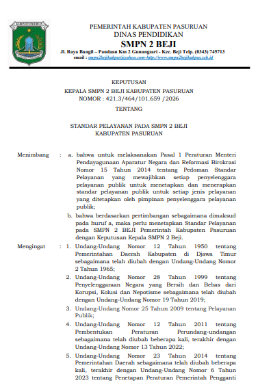 Standar Pelayanan SMPN 2 BEJI
